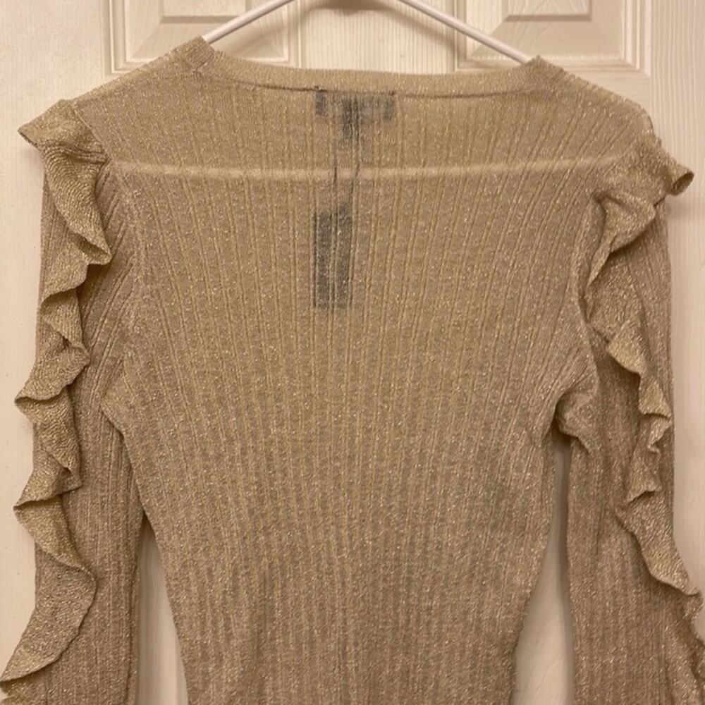 Express Metallic Ruffle Gold Ribbed Semi Sheer lightweight Sweater size Medium - Picture 6 of 8